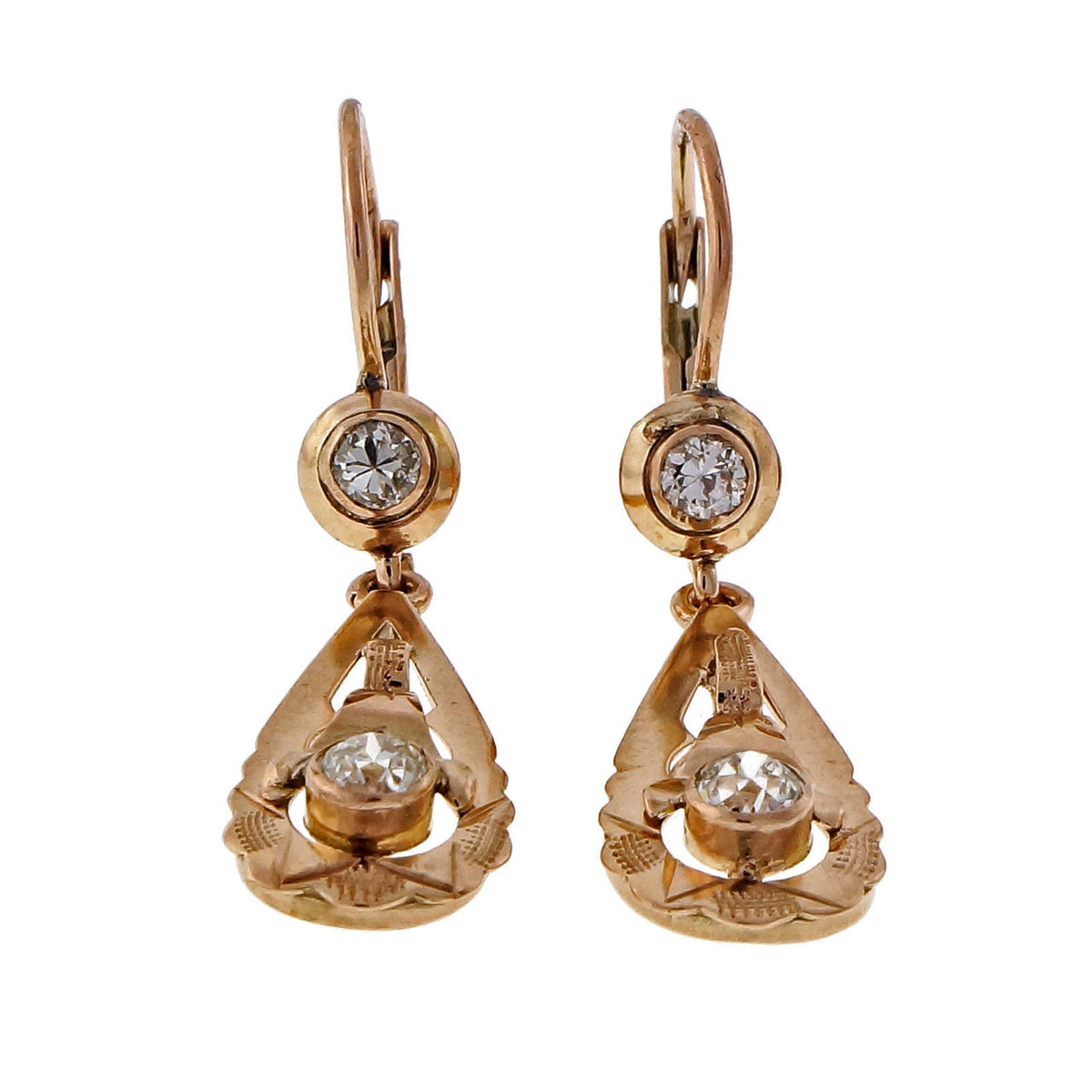 1920 Pink Gold Rose Gold .54ct Old European Cut Dangle Earrings – image 2