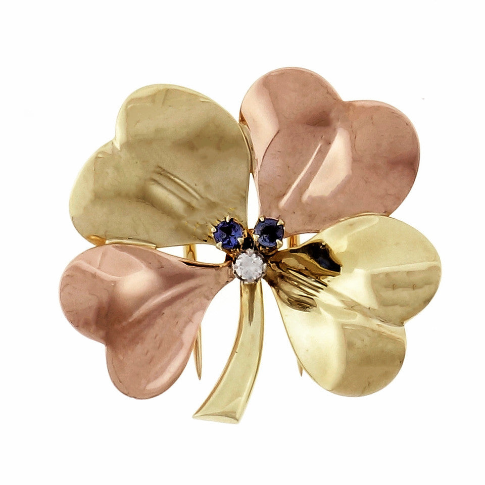 Tiffany & Co 1940 Retro Rose Green Gold Diamond Sapphire Brooch