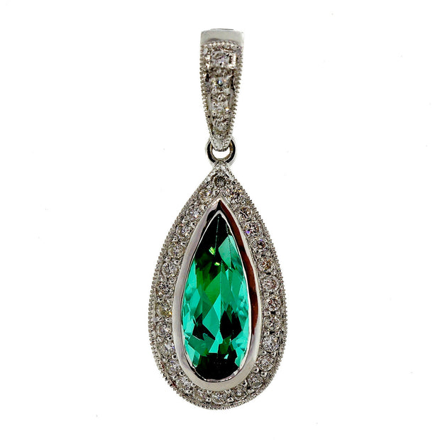 Fine 1.03ct Green Tourmaline Diamond 18k White Gold Pendant Enhancer