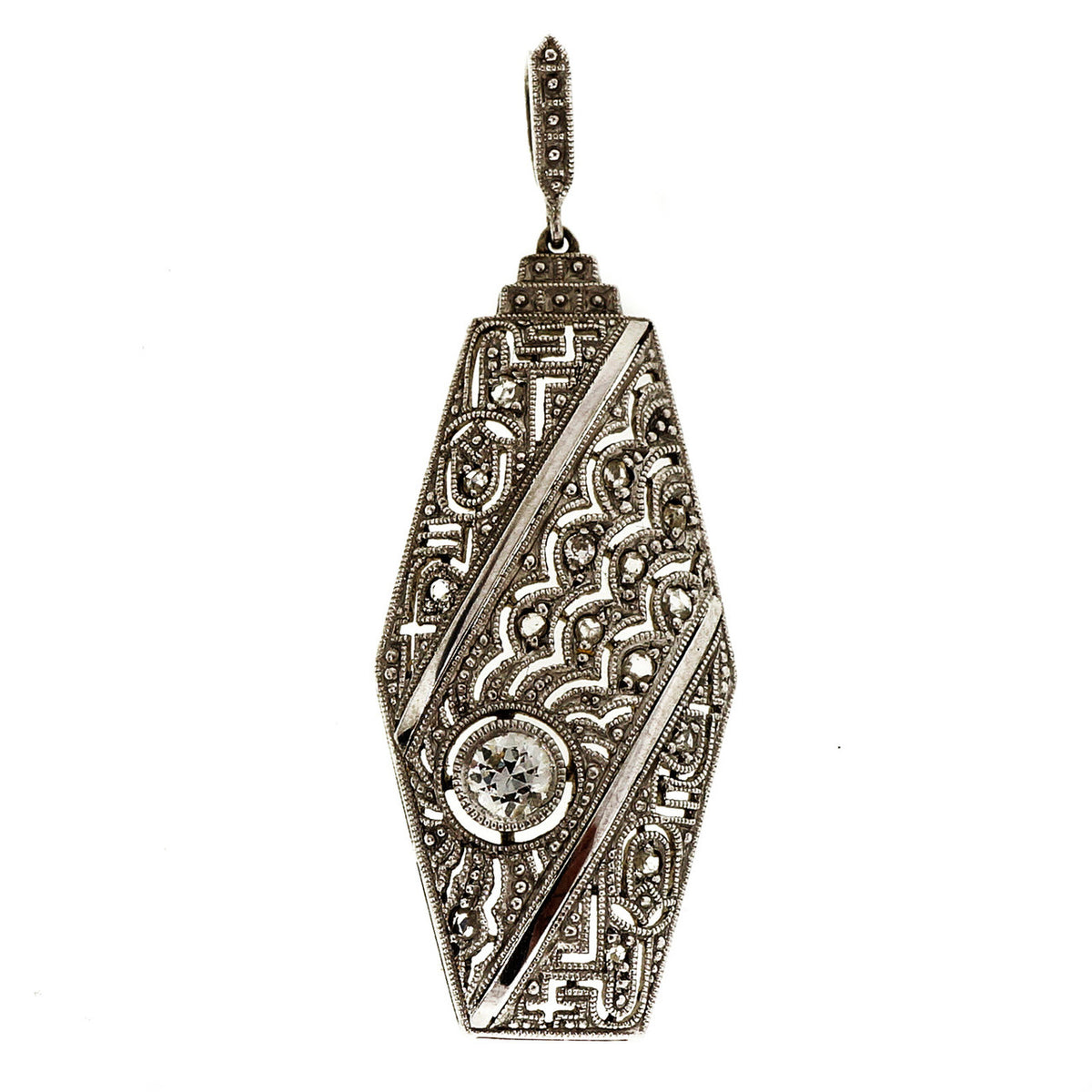 Antique Edwardian Art Deco Handmade 18k White Gold 0.17ct Diamond Pendant