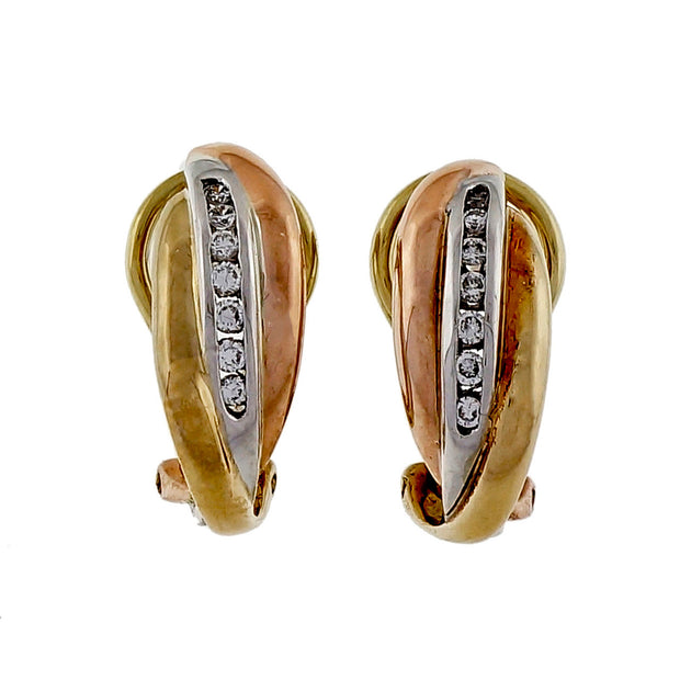 Estate Tri Color 14k Yellow White Pink Gold .25ct Diamond Hoop Earrings