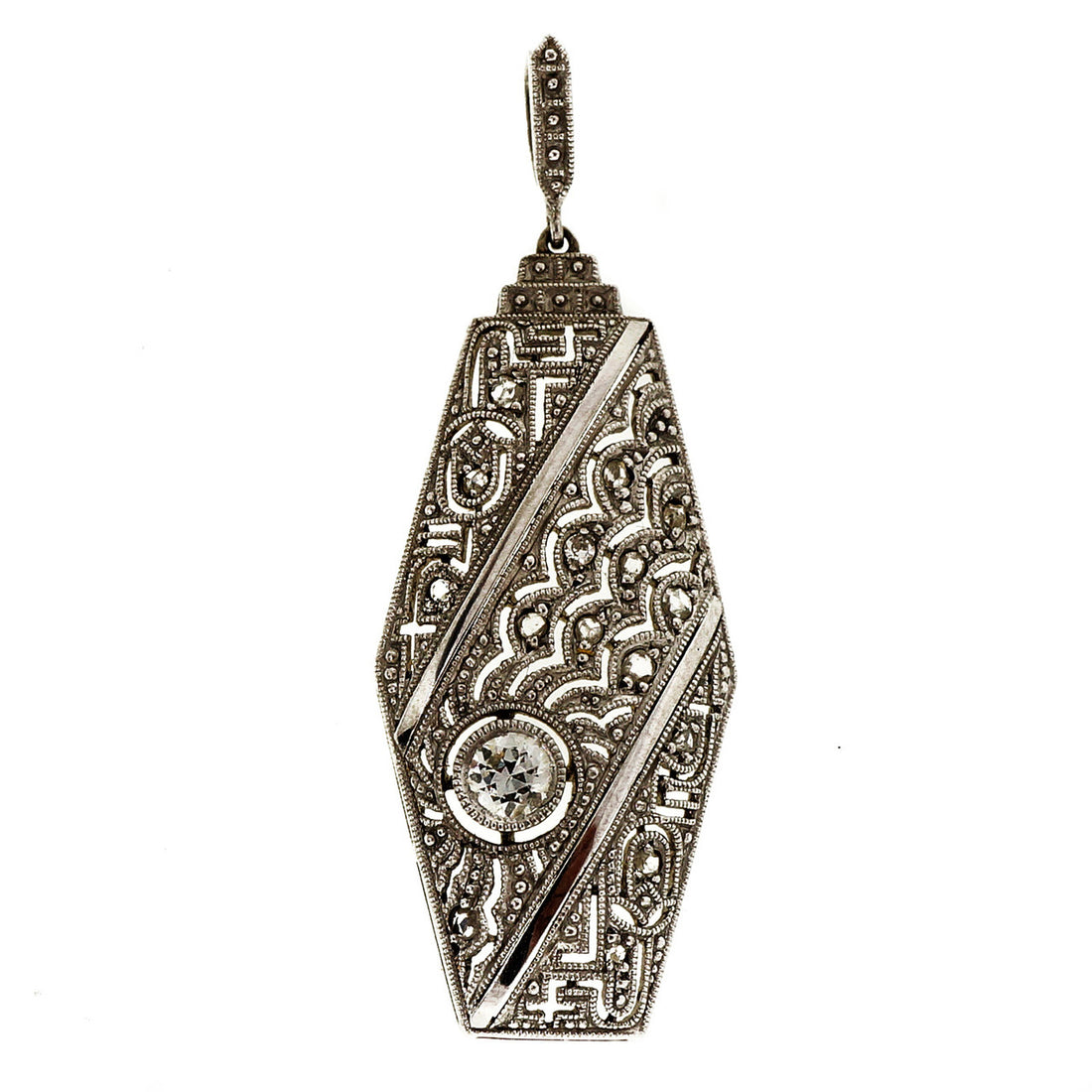 Antique Edwardian Art Deco Handmade 18k White Gold 0.17ct Diamond Pendant – image 5