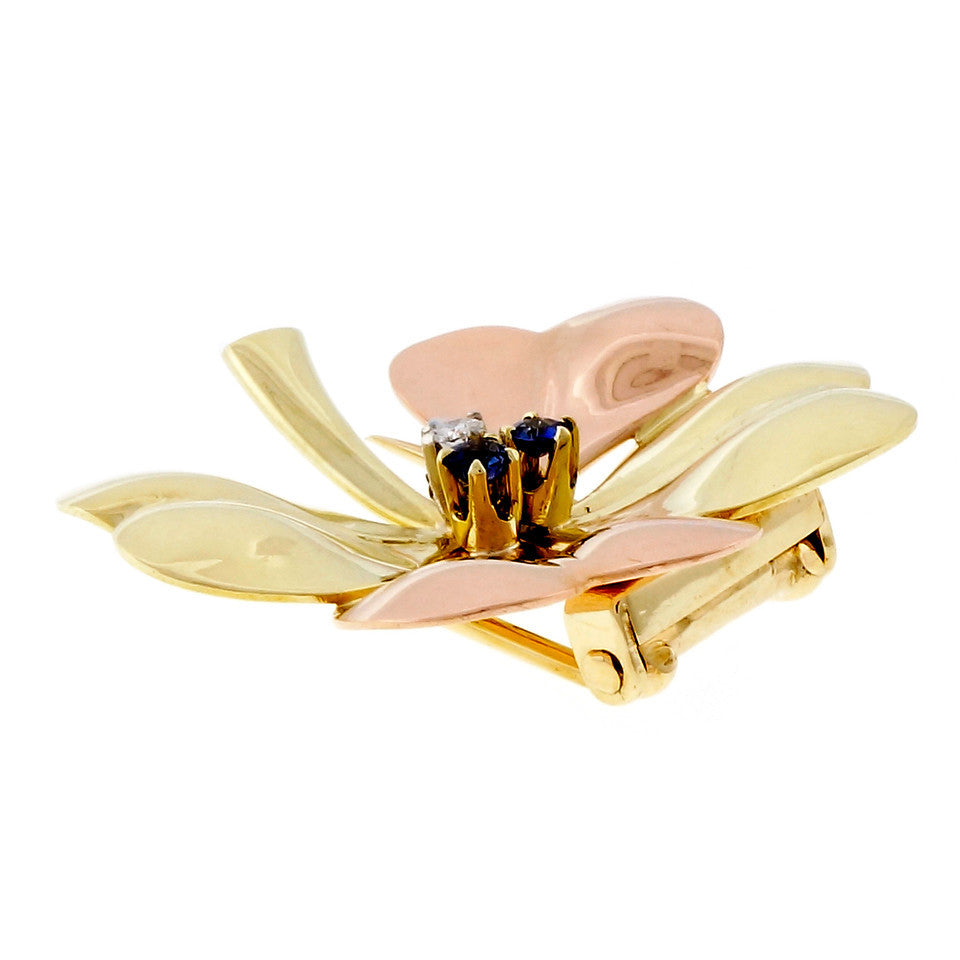 Tiffany & Co 1940 Retro Rose Green Gold Diamond Sapphire Brooch – image 3