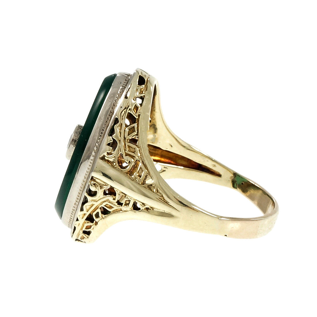 Vintage 1930 Art Deco Filigree Green Onyx Diamond Ring 18k Gold – image 9