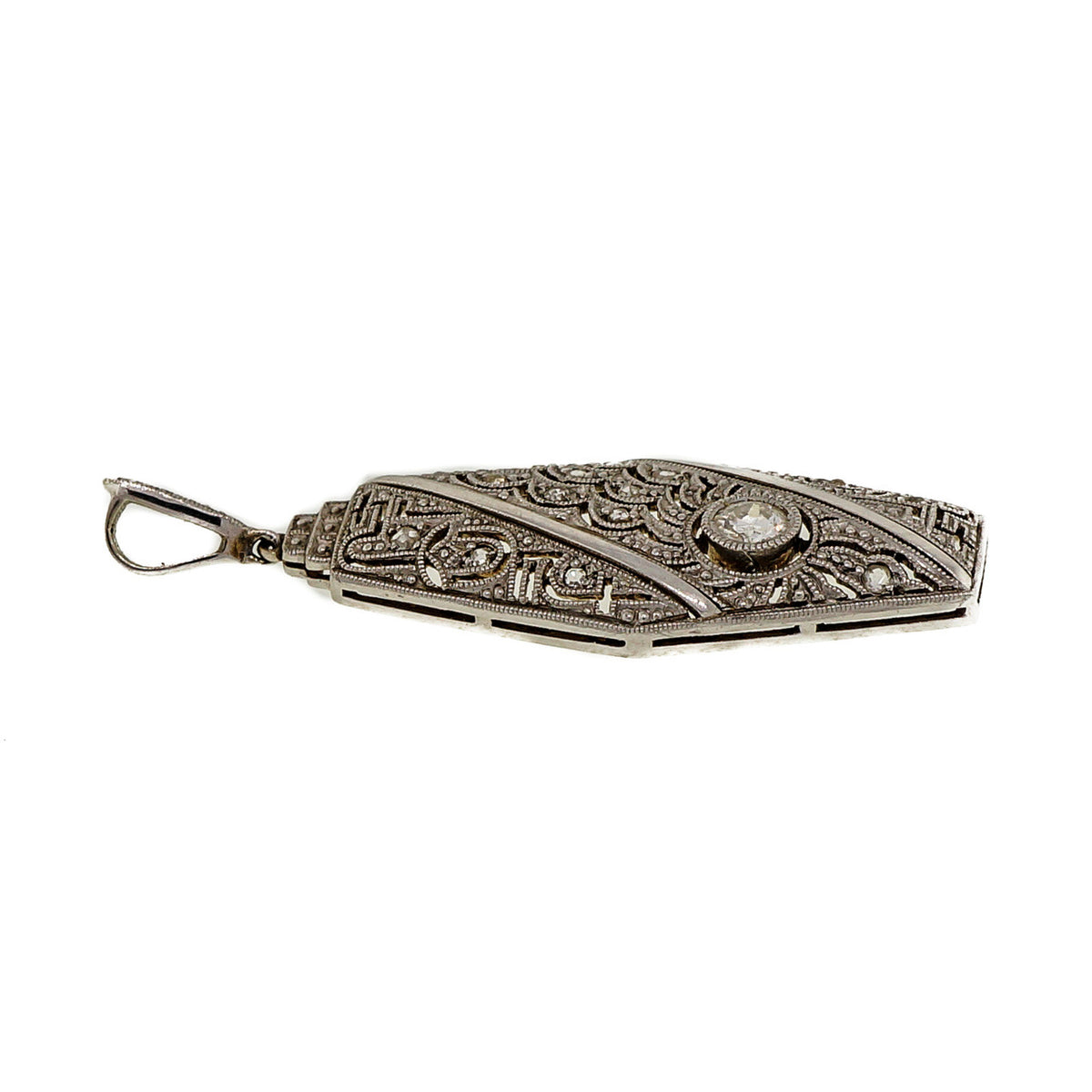 Antique Edwardian Art Deco Handmade 18k White Gold 0.17ct Diamond Pendant – image 3