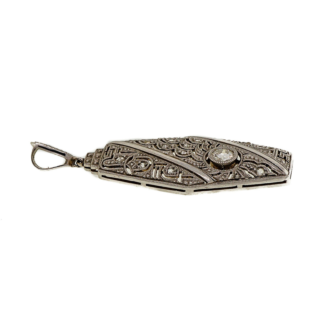 Antique Edwardian Art Deco Handmade 18k White Gold 0.17ct Diamond Pendant – image 7