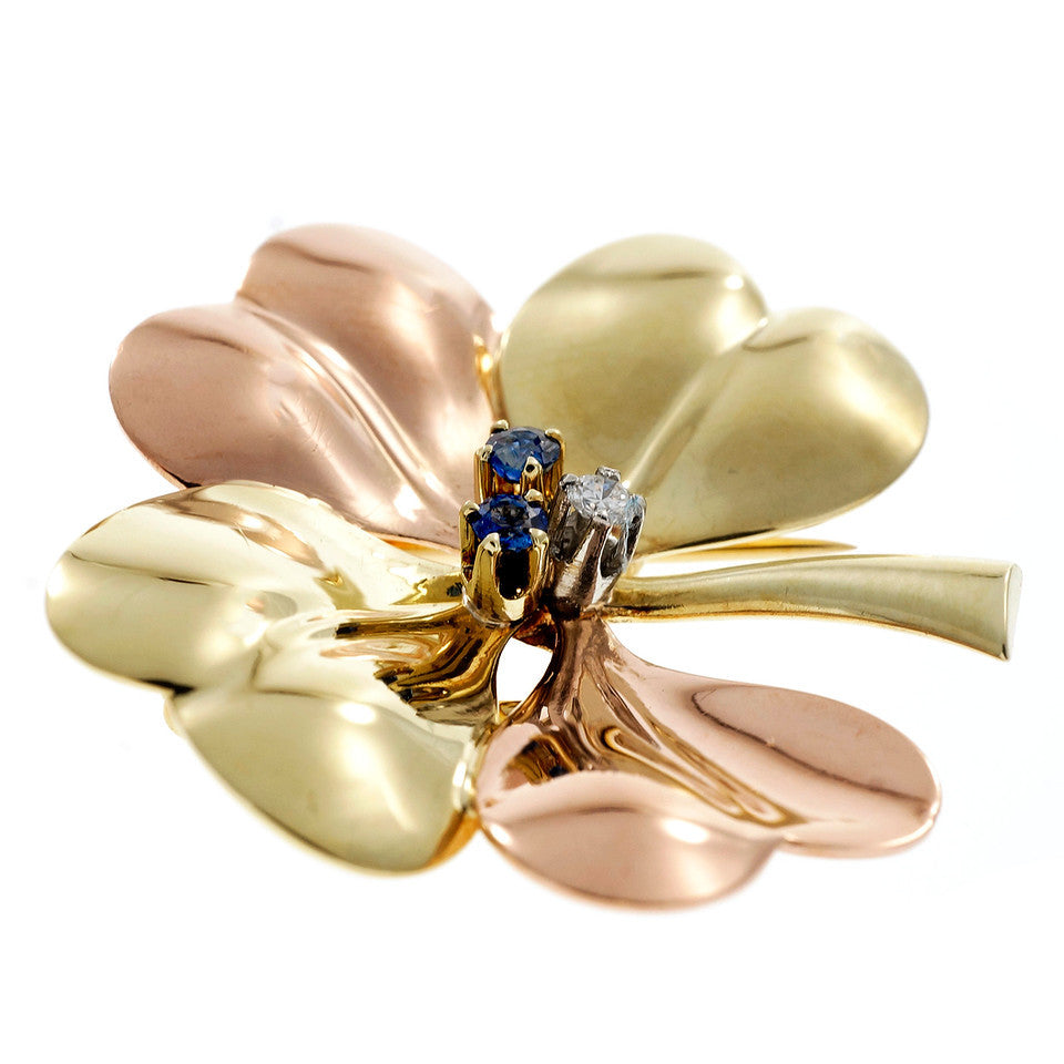 Tiffany & Co 1940 Retro Rose Green Gold Diamond Sapphire Brooch – image 4