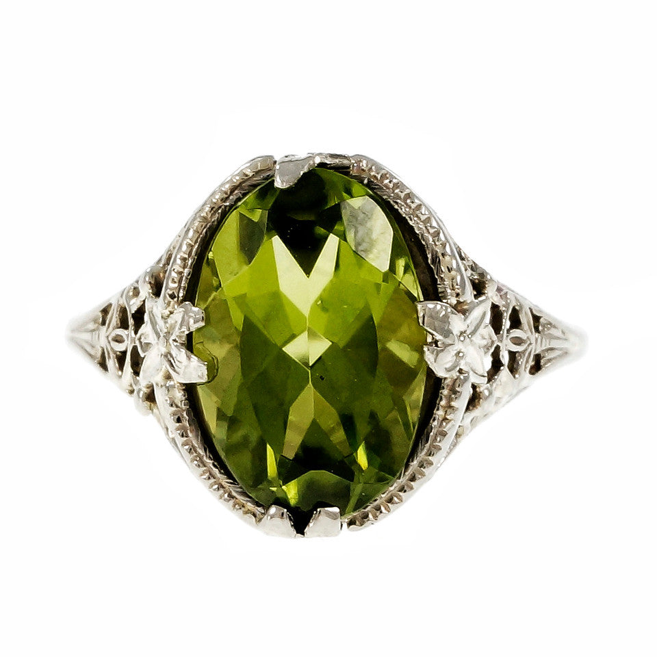 Vintage 1940 Filigree Oval Peridot Ring 14k White Gold