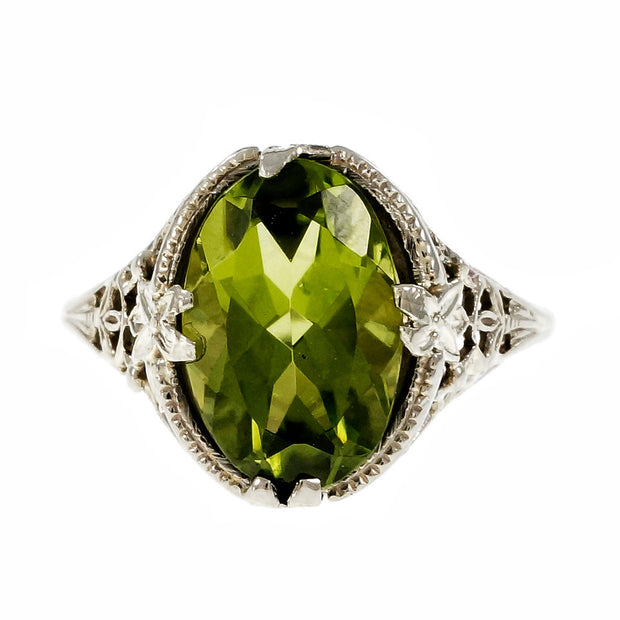 Vintage 1940 Filigree Oval Peridot Ring 14k White Gold