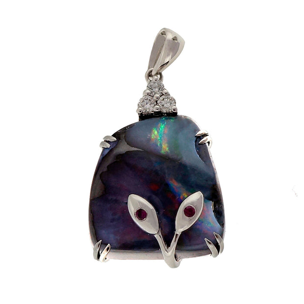 Vintage 1960 12.88ct Boulder Opal 14k White Gold Diamond Ruby Pendant