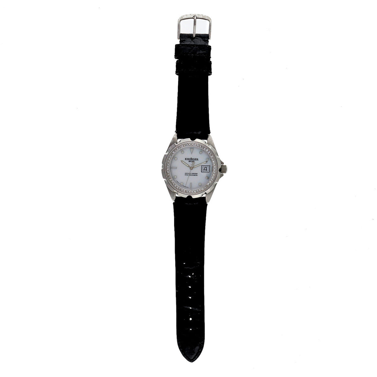Krieger Sport Watch Steel Mother Of Pearl Dial Diamond Bezel Alligator Strap – image 2