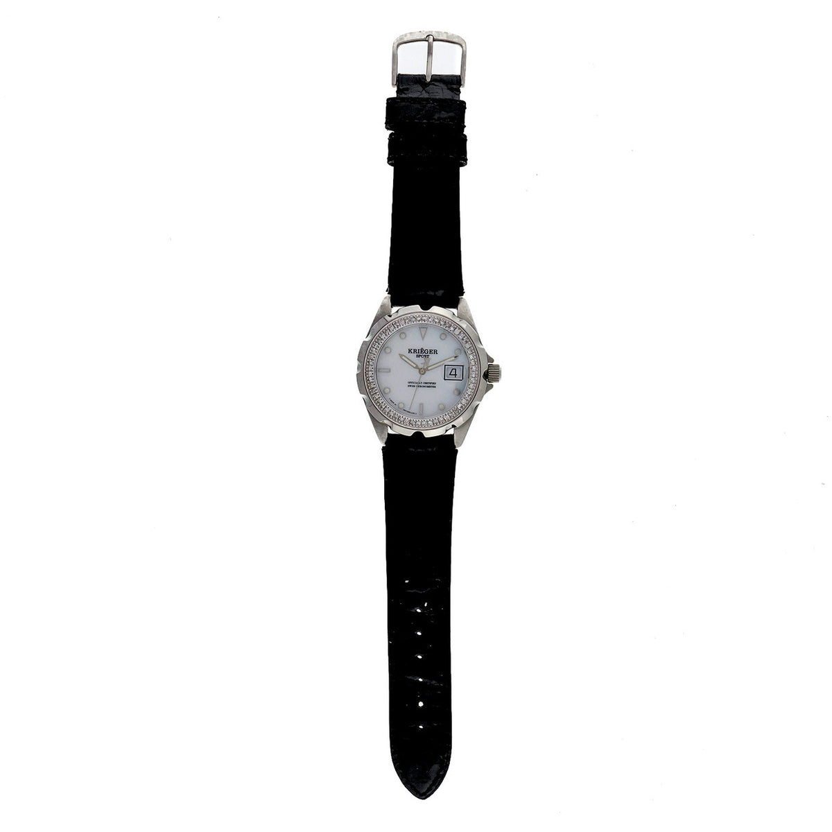 Krieger Sport Watch Steel Mother Of Pearl Dial Diamond Bezel Alligator Strap – image 7
