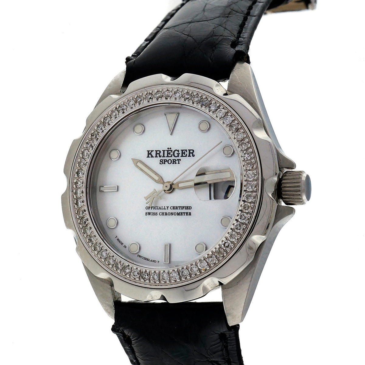 Krieger Sport Watch Steel Mother Of Pearl Dial Diamond Bezel Alligator Strap