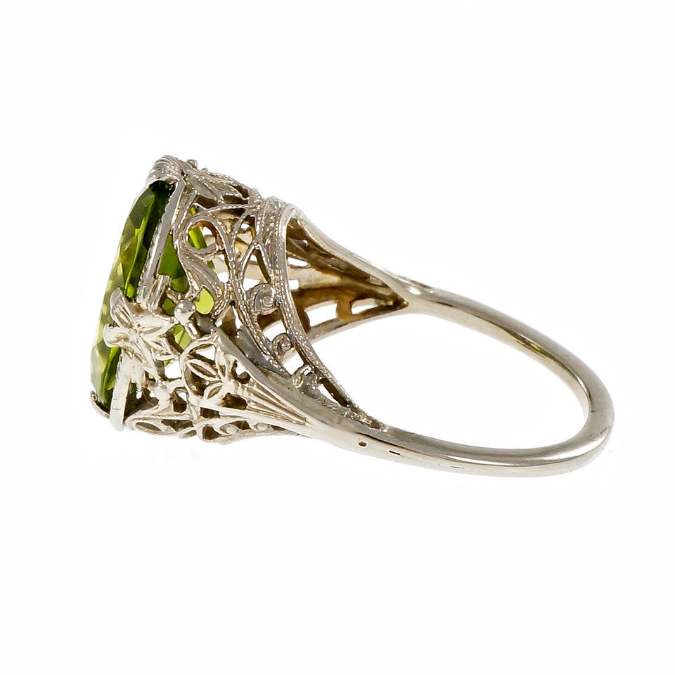 Vintage 1940 Filigree Oval Peridot Ring 14k White Gold – image 3