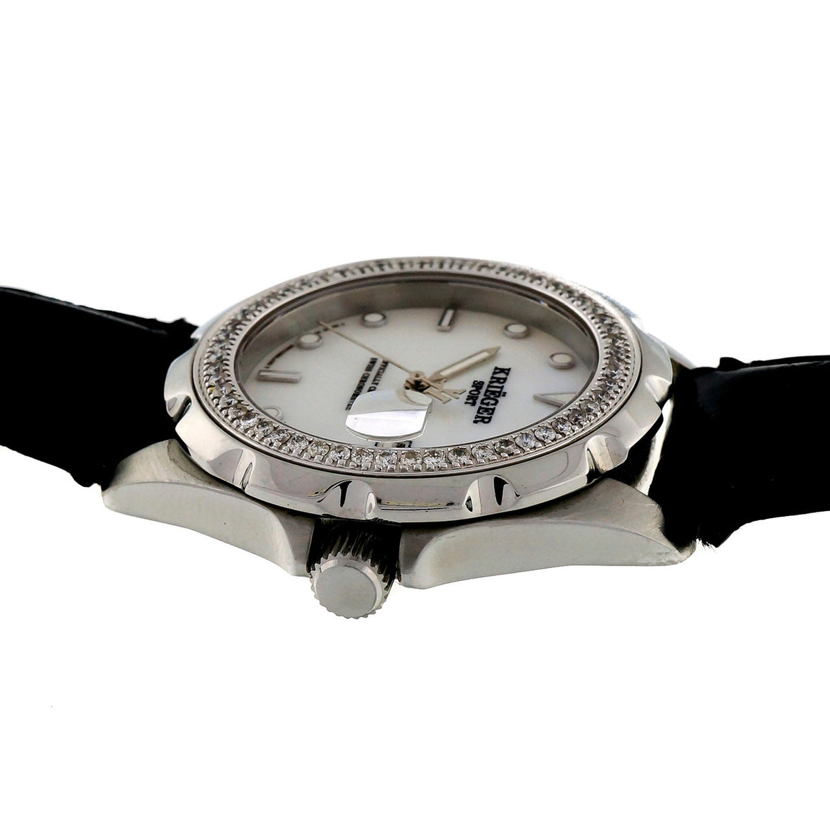 Krieger Sport Watch Steel Mother Of Pearl Dial Diamond Bezel Alligator Strap – image 4