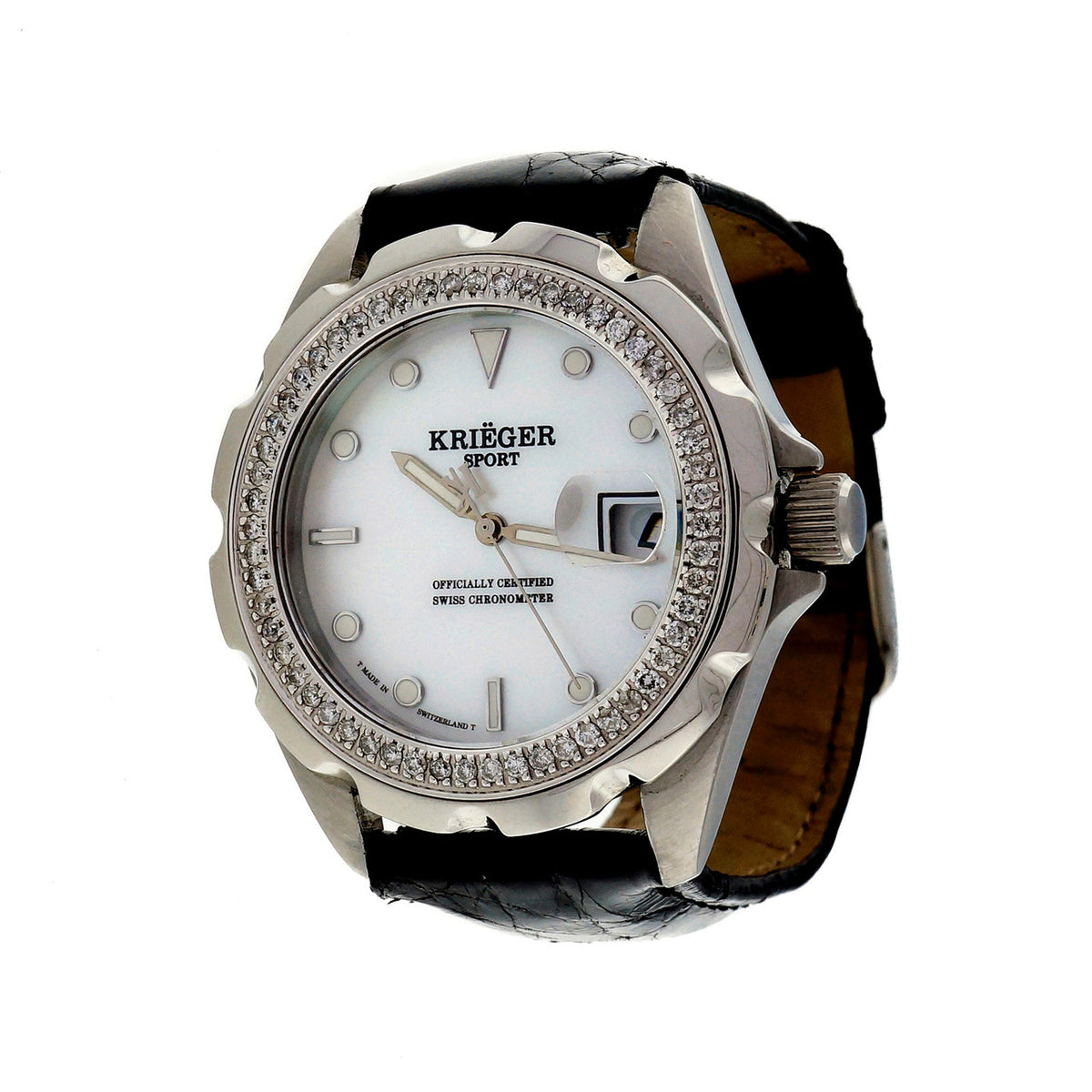 Krieger Sport Watch Steel Mother Of Pearl Dial Diamond Bezel Alligator Strap – image 12