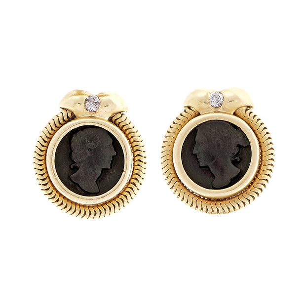 Vintage Italian Carved Black Onyx Earrings 14k Yellow Gold Diamond