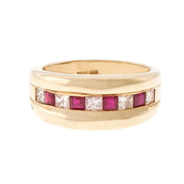 Estate Princess Cut Diamond Square Ruby Ring 14k Yellow Gold