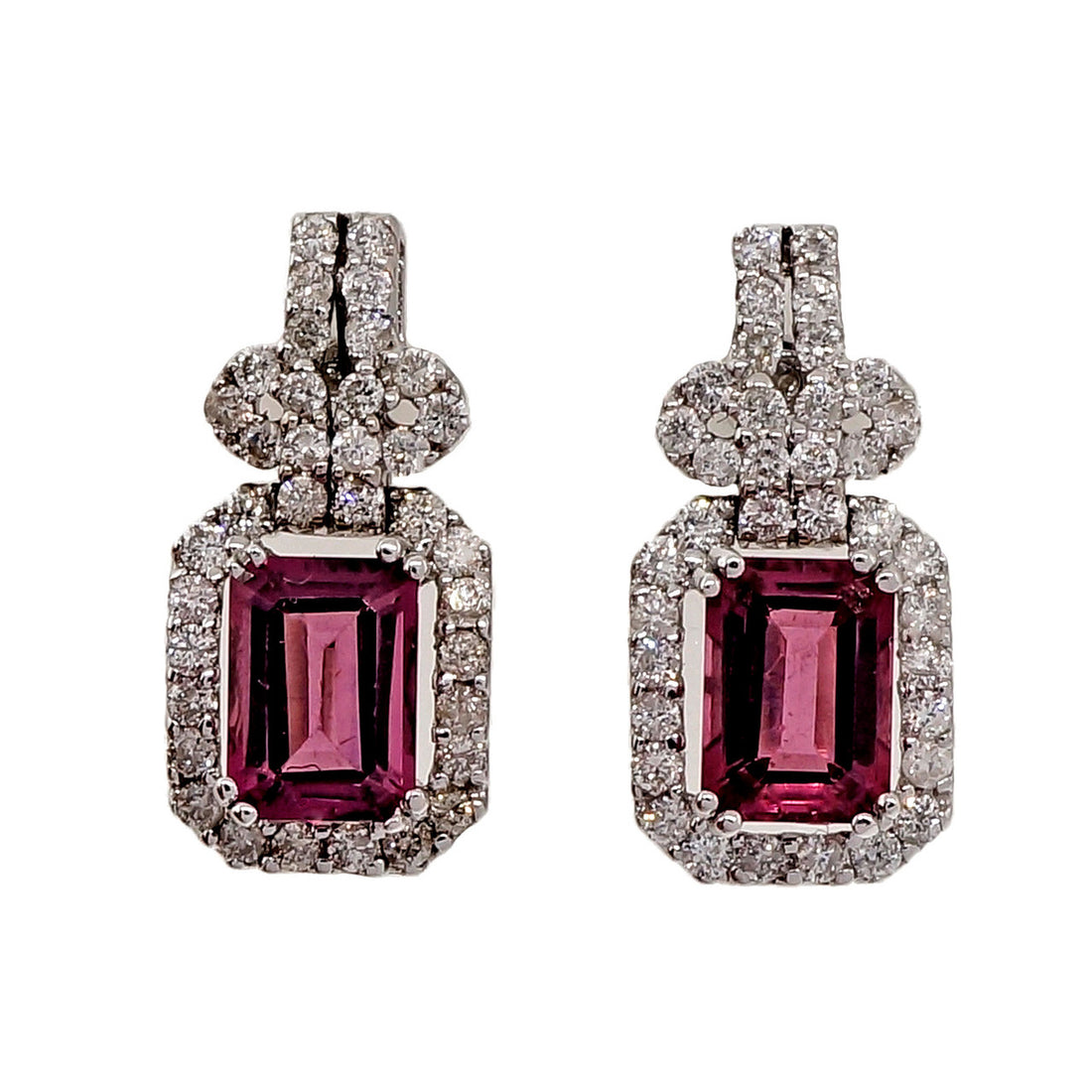 Estate Emerald Cut 1.90ct Pink Tourmaline 18k White Gold Diamond Dangle Earrings – image 2