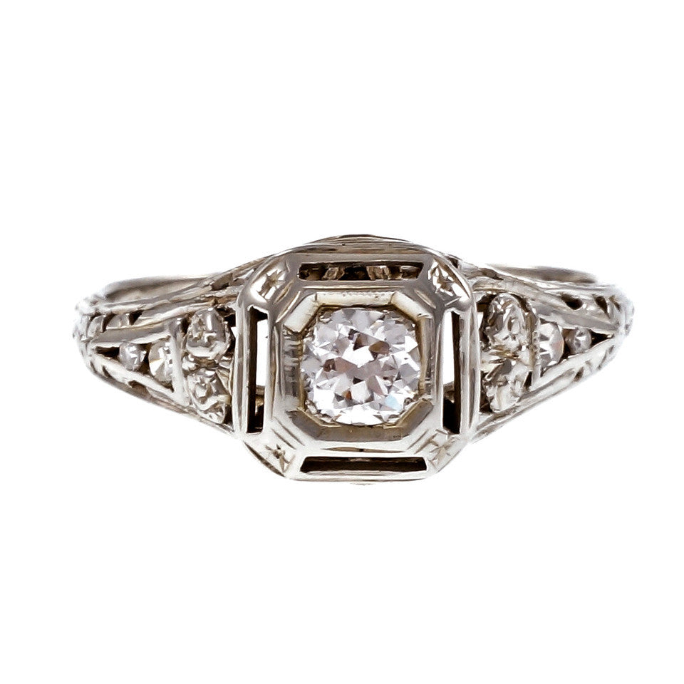 Vintage 1940 Filigree Diamond Engagement Ring 18k White Gold