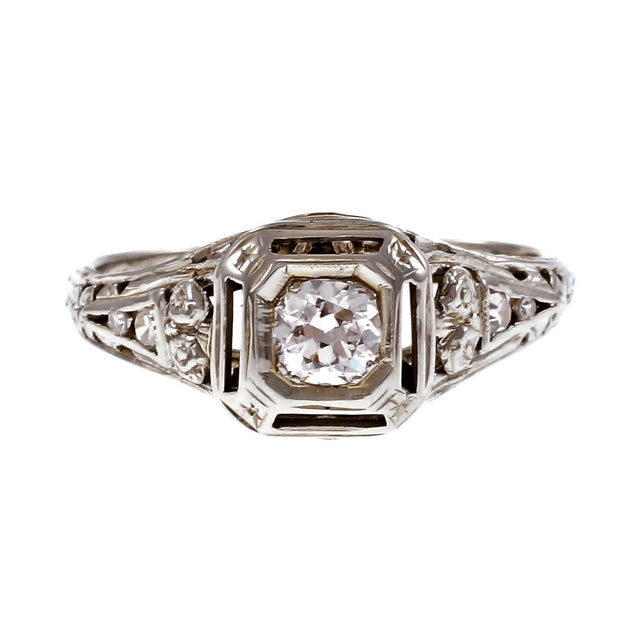 Vintage 1940 Filigree Diamond Engagement Ring 18k White Gold