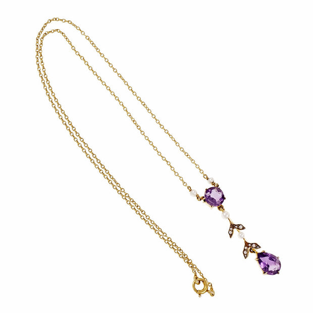 Vintage Art Nouveau 1900 Amethyst Natural Pearl Pendant Necklace