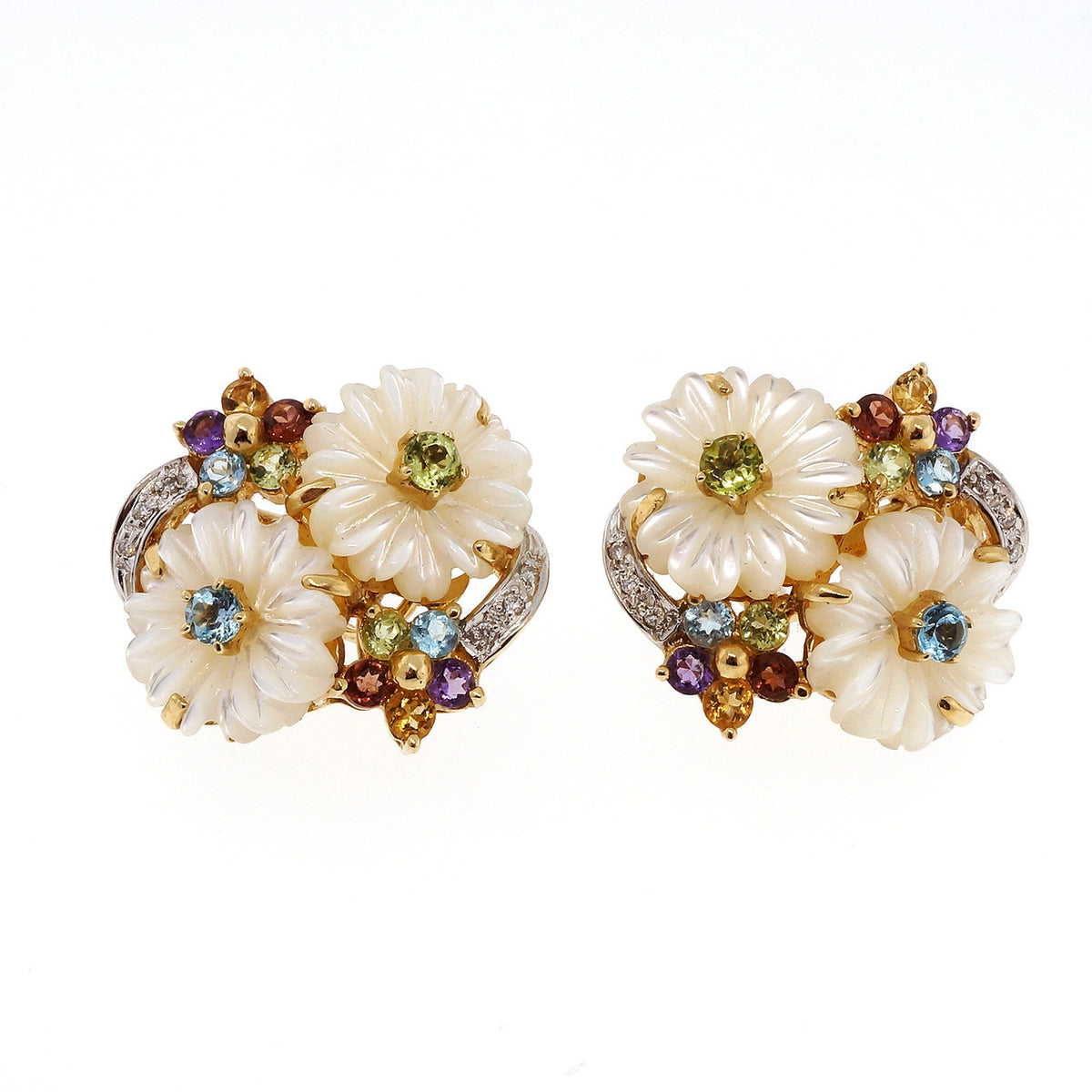 .4 Carat Diamond Mother Of Pearl Multi-color Stone Yellow Gold Earrings