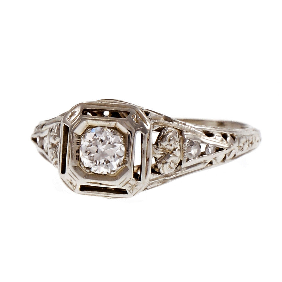 Vintage 1940 Filigree Diamond Engagement Ring 18k White Gold – image 2