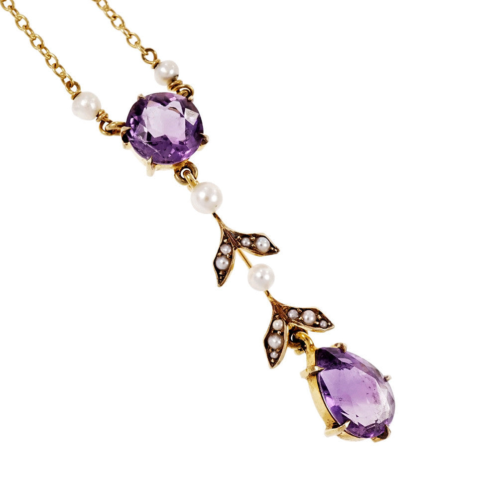 Vintage Art Nouveau 1900 Amethyst Natural Pearl Pendant Necklace – image 2