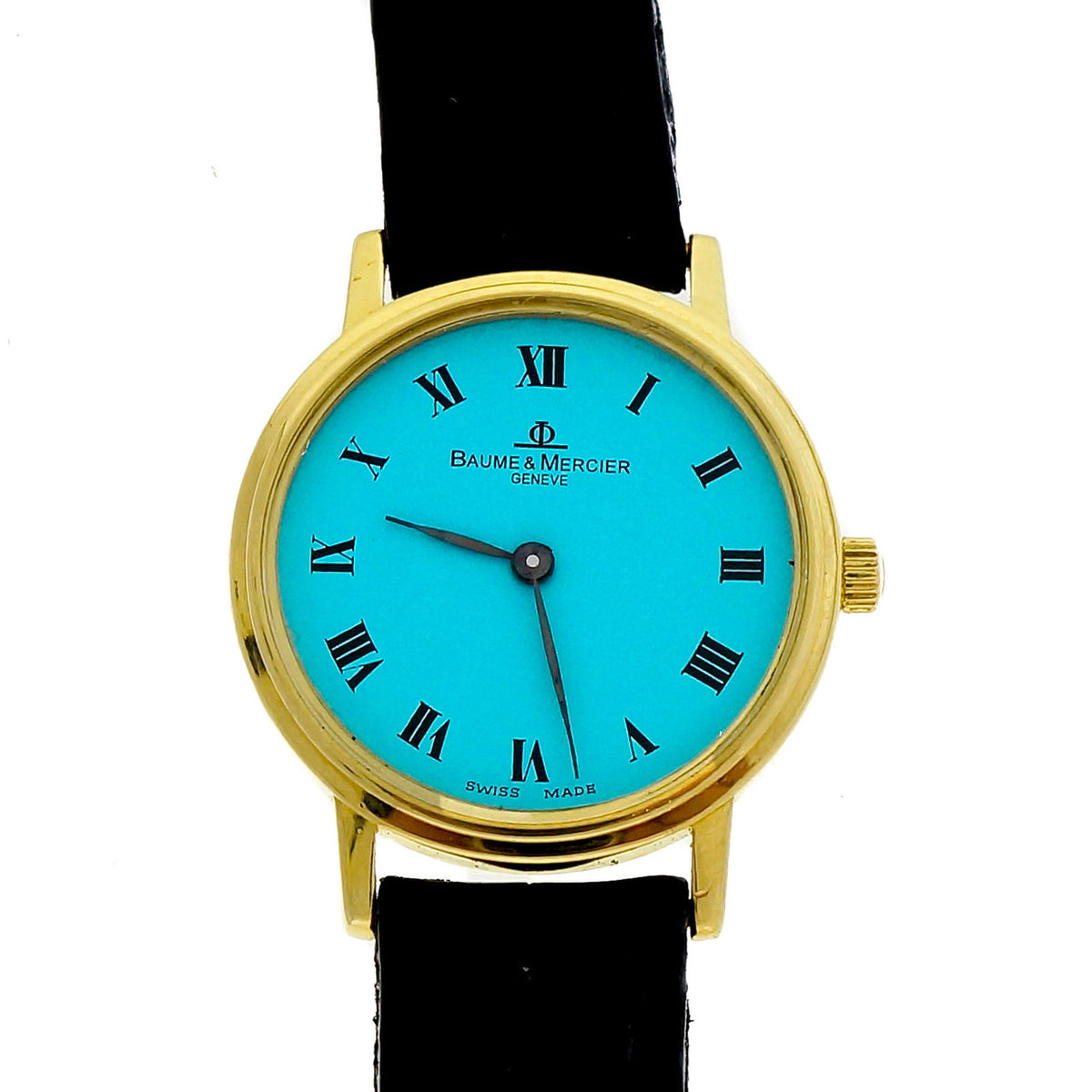Baume & Mercier Ladies Gold Round Quartz Watch Custom Colored Turquoise Dial