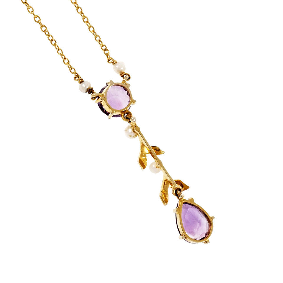 Vintage Art Nouveau 1900 Amethyst Natural Pearl Pendant Necklace – image 3