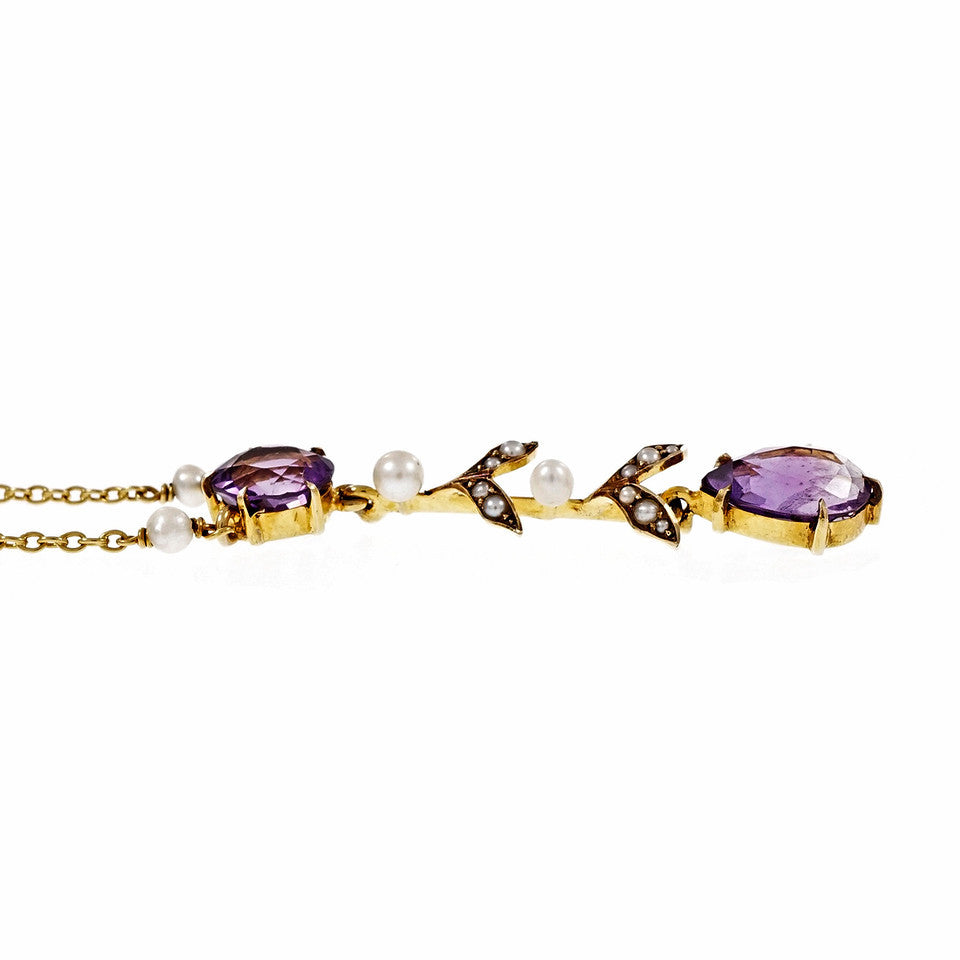 Vintage Art Nouveau 1900 Amethyst Natural Pearl Pendant Necklace – image 4