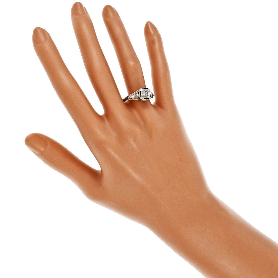 Vintage 1940 Filigree Diamond Engagement Ring 18k White Gold – image 6