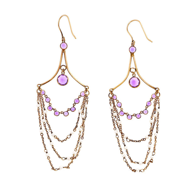 Victorian Revival Amethyst Pearl Dangle Earrings