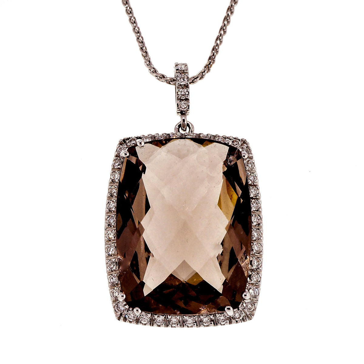 Vintage 24.00ct Smoky Cushion Quartz 18k White Gold Diamond Necklace – image 2