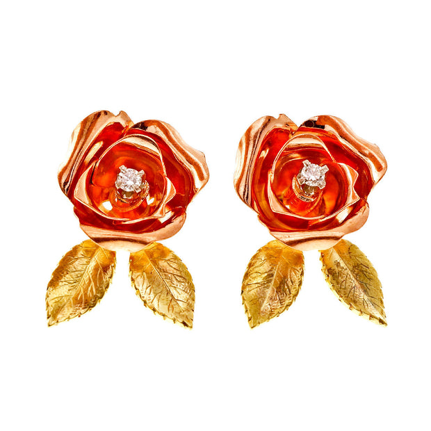 Vintage 1940 Retro Flower Diamond Earrings Pink & Green 14k Gold