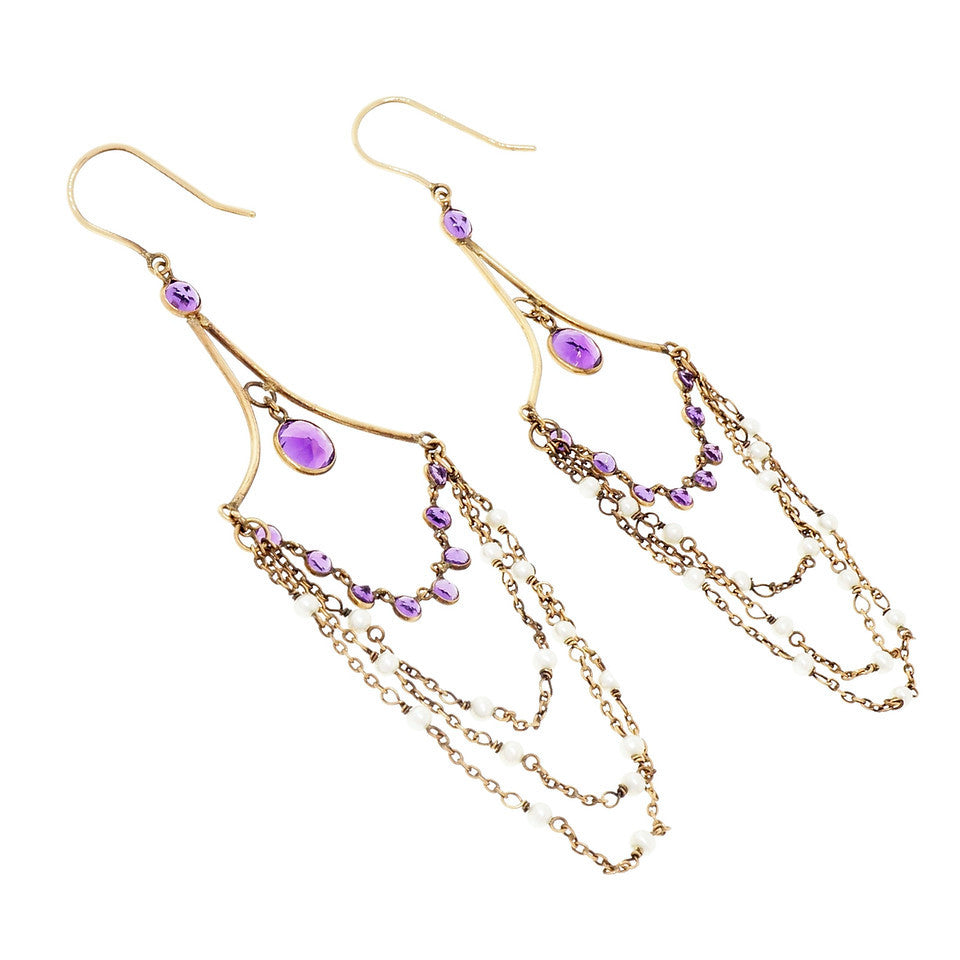 Victorian Revival Amethyst Pearl Dangle Earrings – image 2