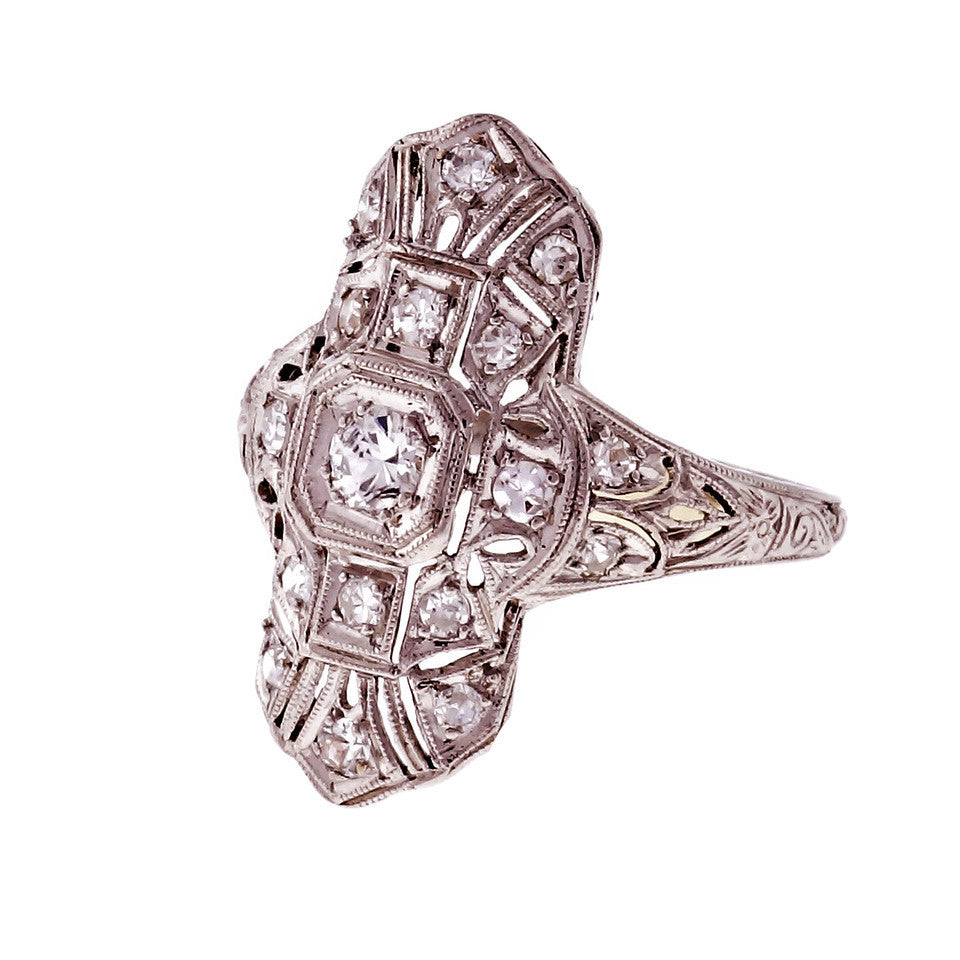 Vintage Art Deco Platinum Diamond Pierced Filigree Ring – image 2