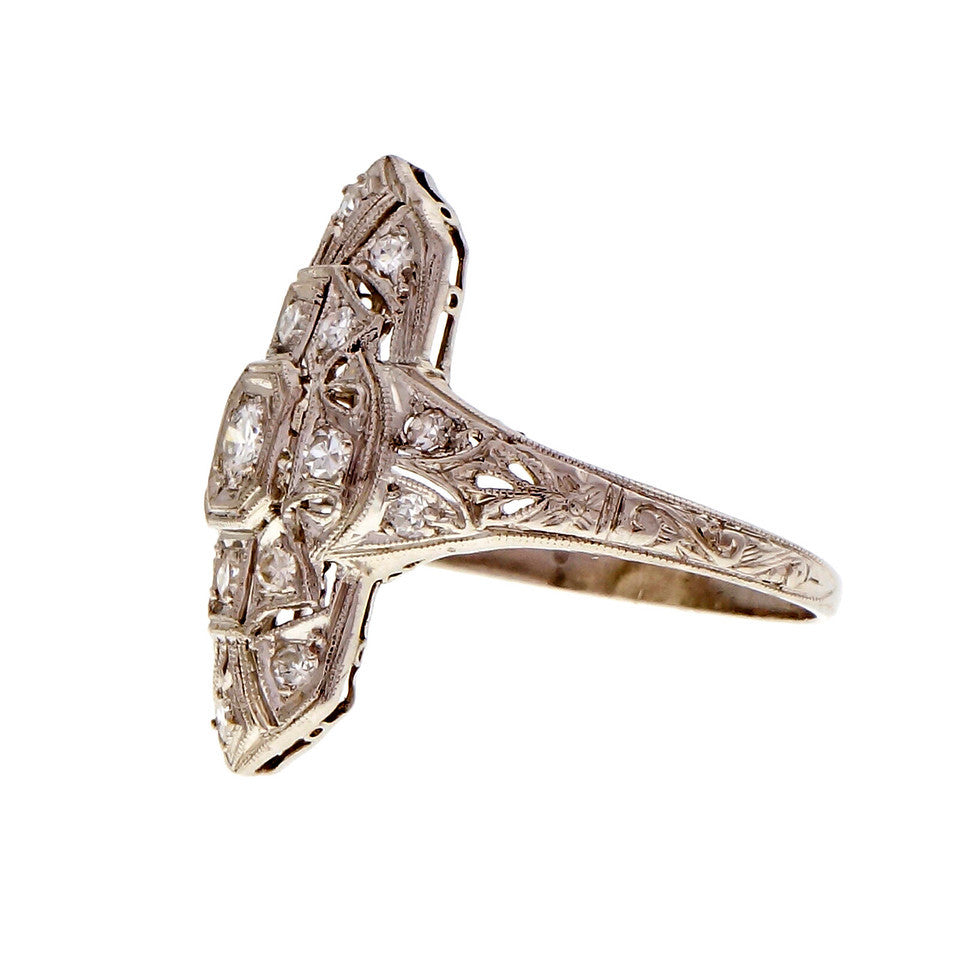 Vintage Art Deco Platinum Diamond Pierced Filigree Ring – image 3