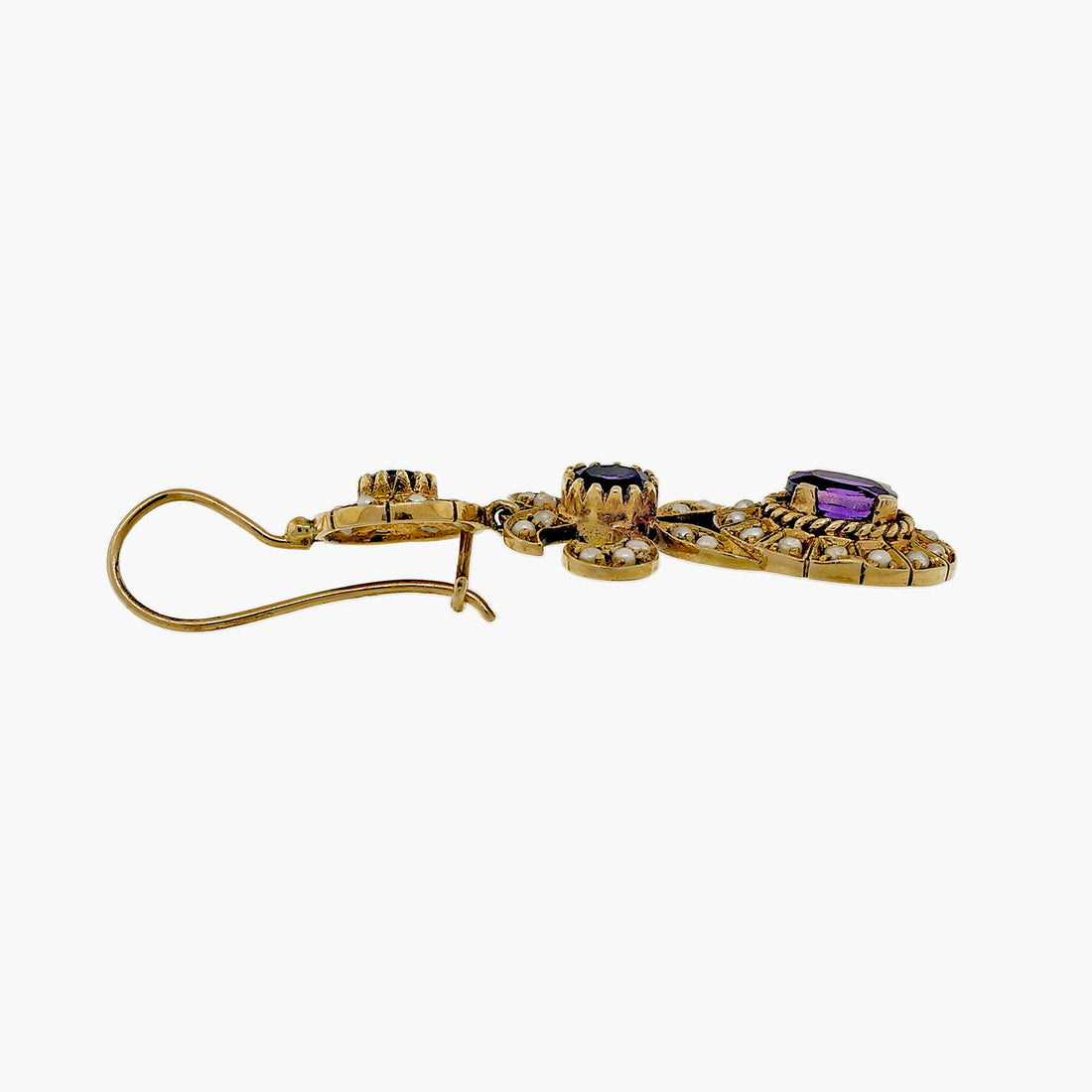 Victorian Estate 1900 Amethyst Natural Pearl Pendant Dangle Earrings 14k Yellow Gold – image 7