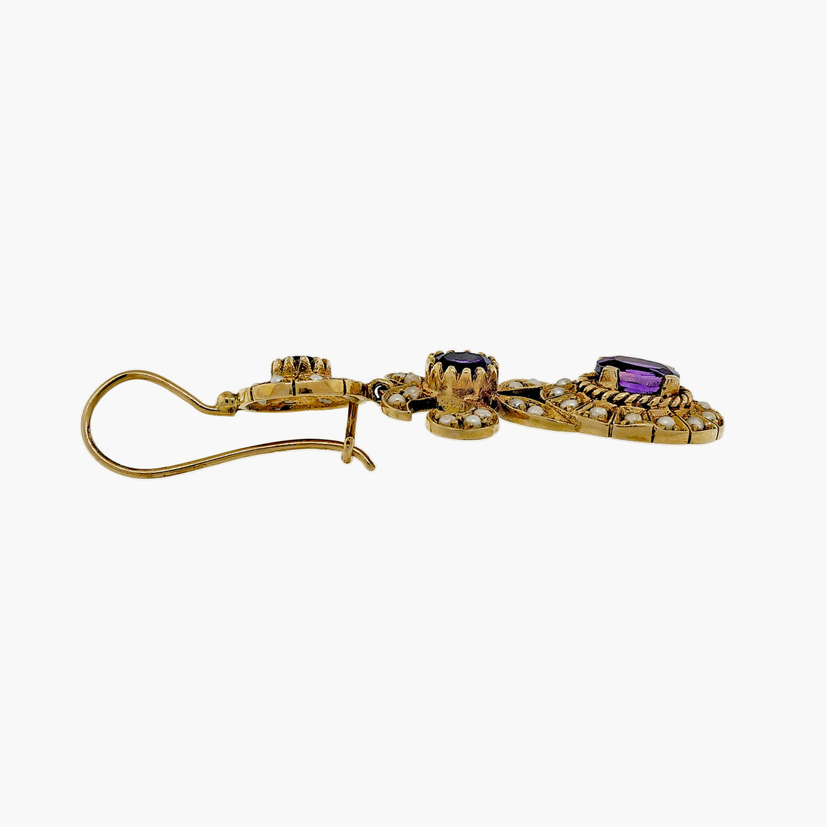 Victorian Estate 1900 Amethyst Natural Pearl Pendant Dangle Earrings 14k Yellow Gold – image 7