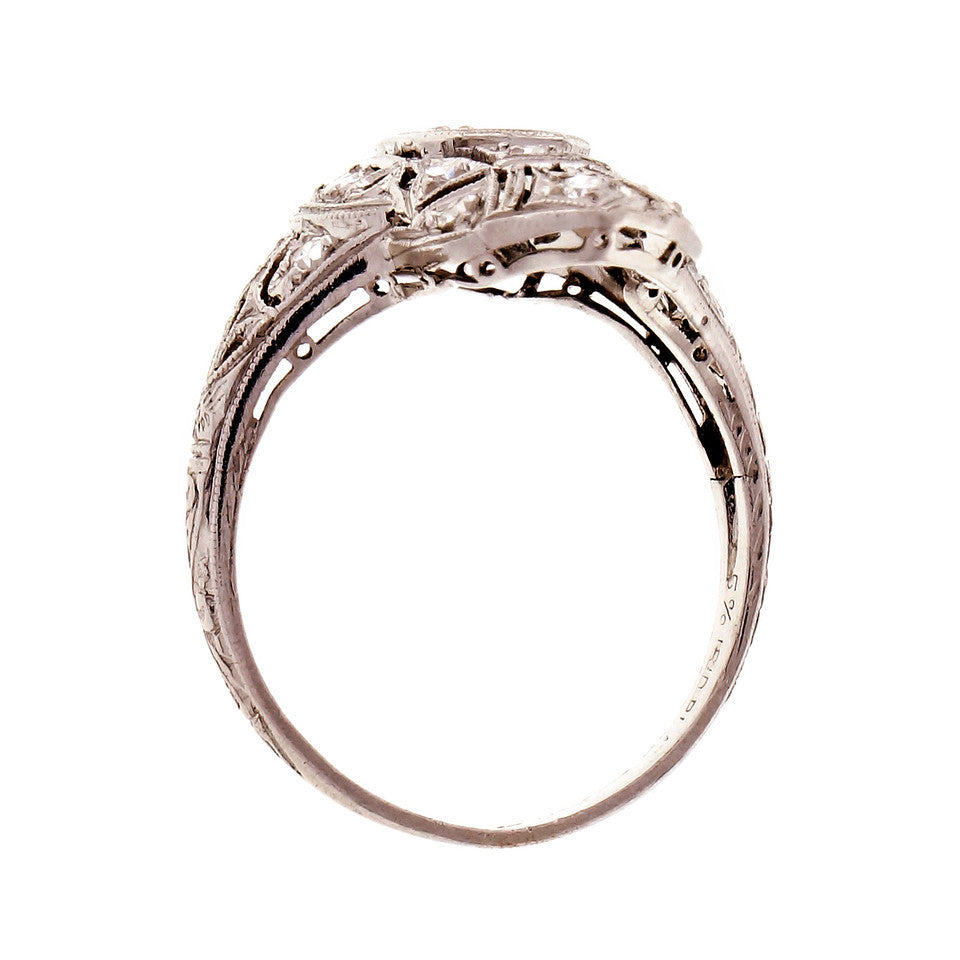 Vintage Art Deco Platinum Diamond Pierced Filigree Ring – image 4