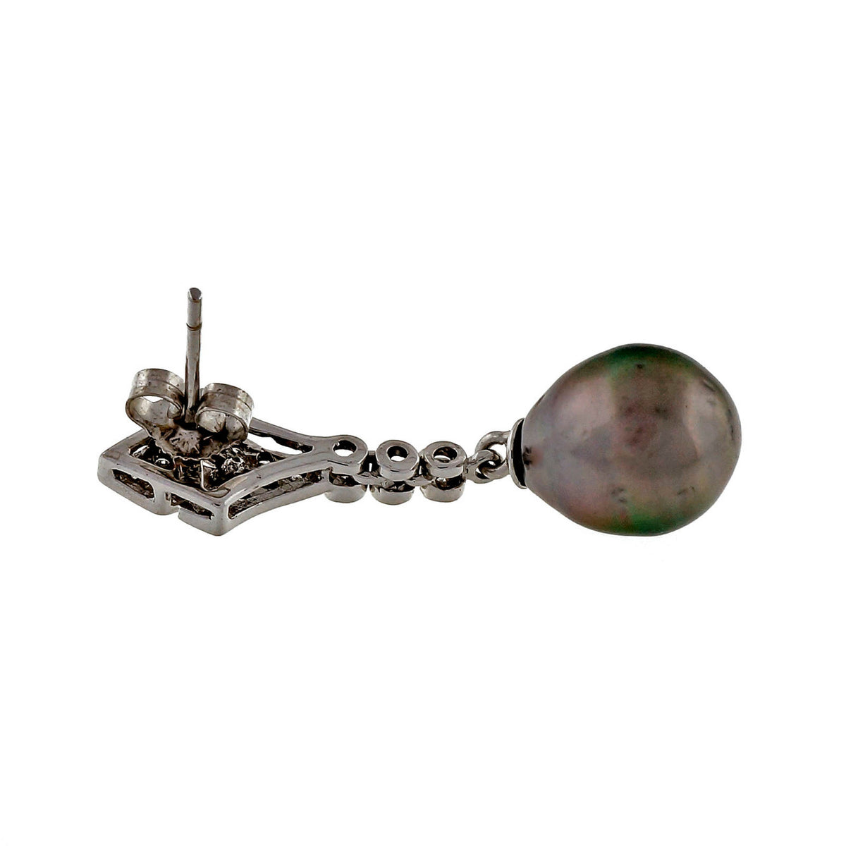 Estate Tear 9.5mm Black Cultured Pearl 14k White Gold Diamond Dangle Earrings – image 4