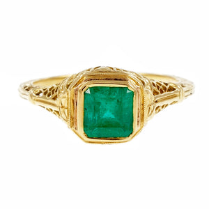 Estate Filigree Emerald Engagement Ring 18k Yellow Gold