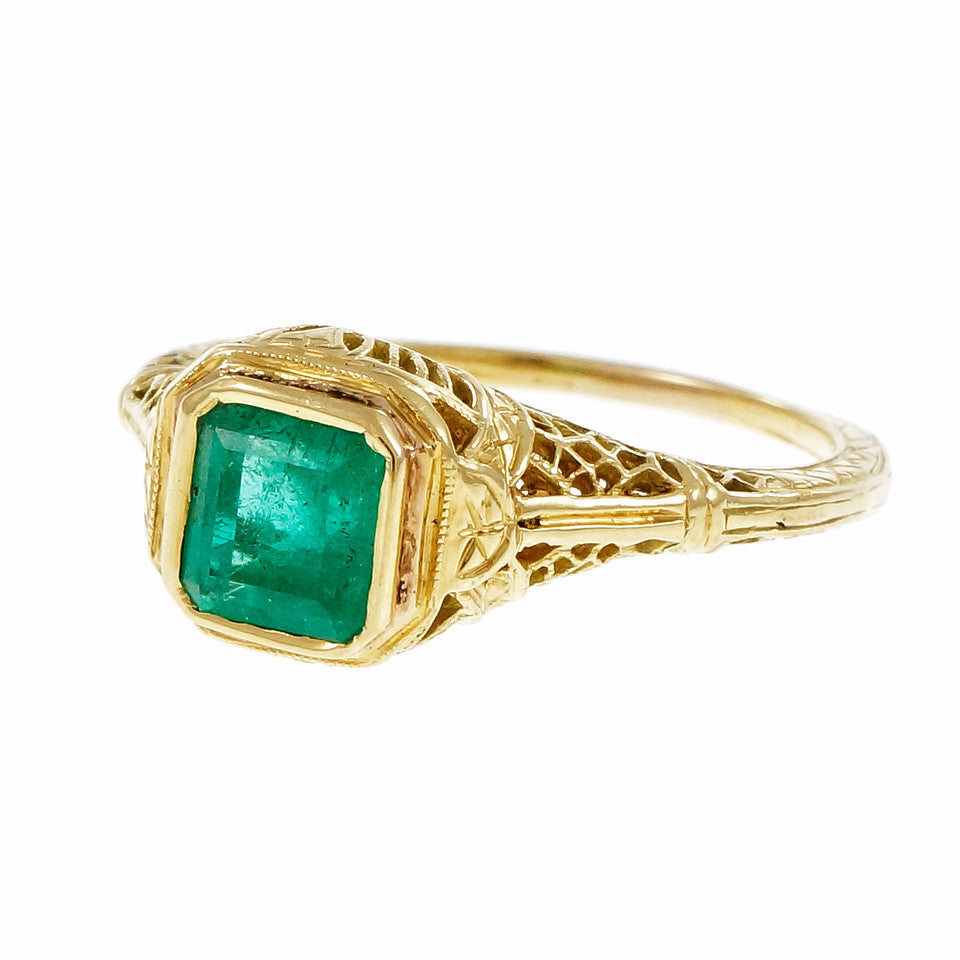 Estate Filigree Emerald Engagement Ring 18k Yellow Gold – image 2