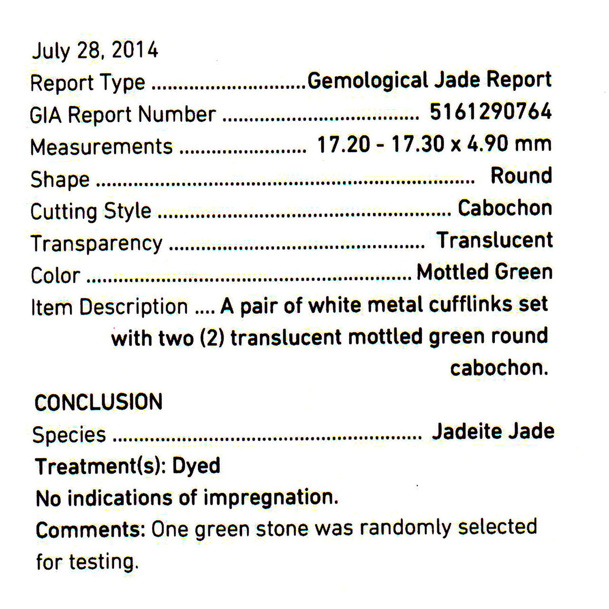 GIA Certified Round Jadeite Jade Gold Men's Cufflinks – image 4