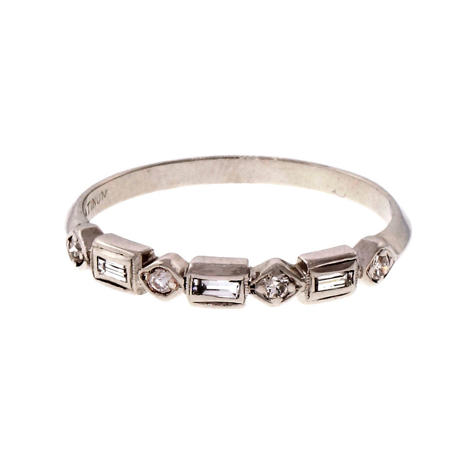 Estate 1940 Baguette Round Platinum Diamond Ring Wedding Band