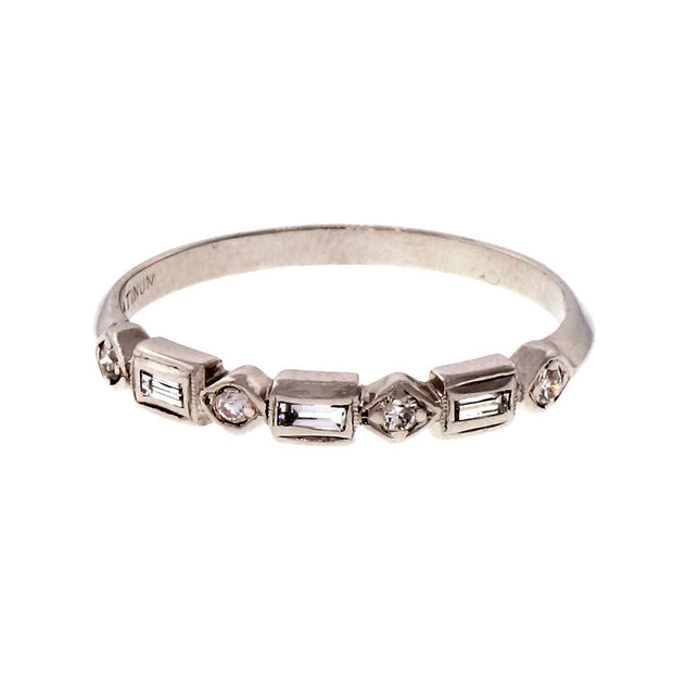 Estate 1940 Baguette Round Platinum Diamond Ring Wedding Band