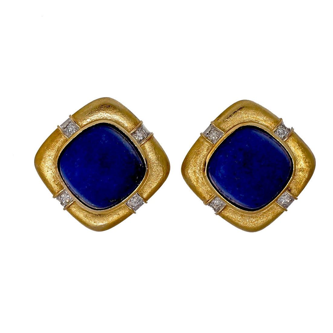 Vintage 1960 Natural Blue Lapis 14k Yellow Textured Gold Diamond Earrings – image 5