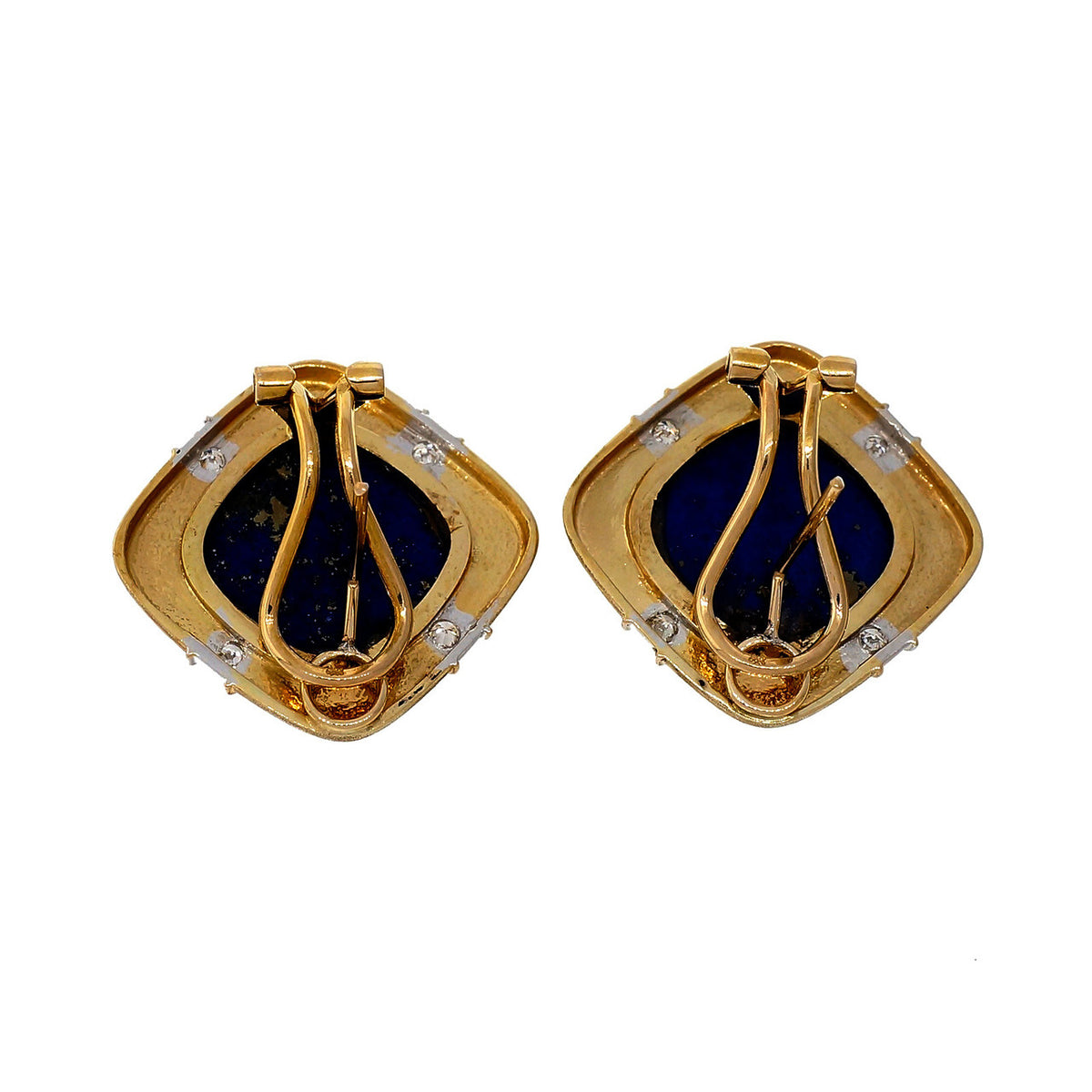 Vintage 1960 Natural Blue Lapis 14k Yellow Textured Gold Diamond Earrings – image 2